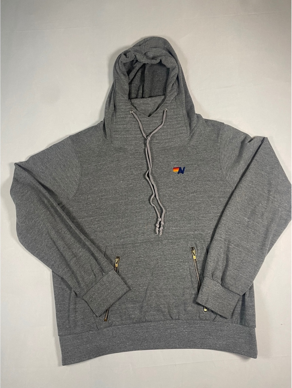 Aviator Nation Mens XL Gray Pullover Hoodie Rainbow N Logo Zipper Pocket